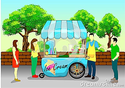 street food cart.Ice cream kiosk store mockup. Vector. Ice cream seller with male and female characters Stock Photo